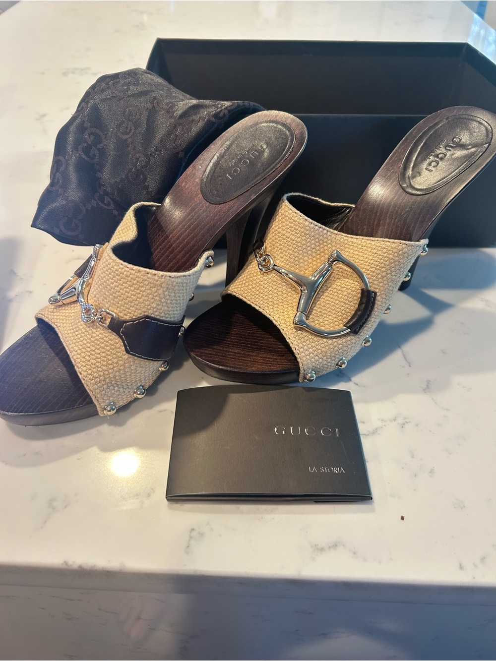 Gucci Beige Canvas Horsebit Studded Mule Heels